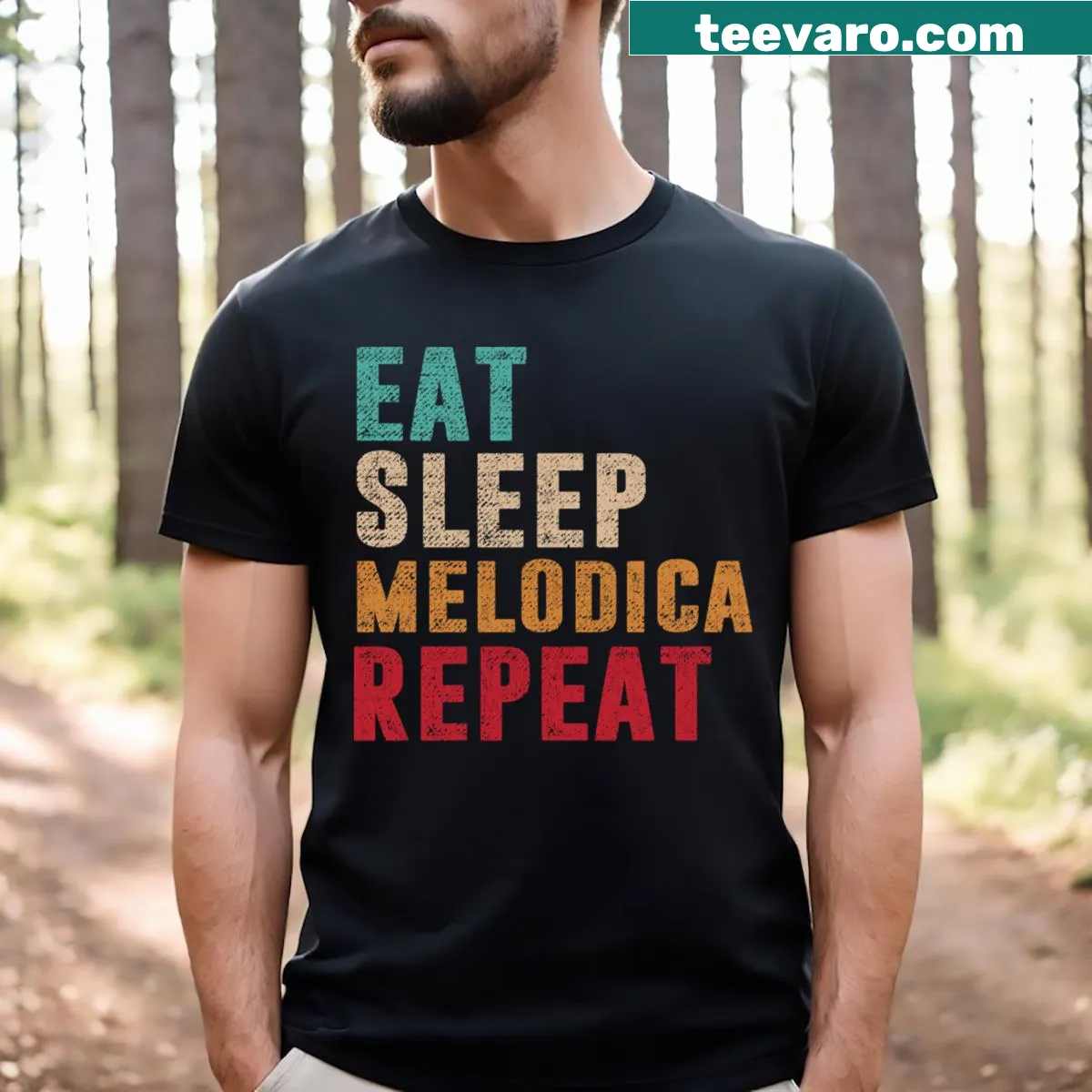 Bold text 'Eat Sleep Melodica Repeat' music t-shirt — on a men's t-shirt