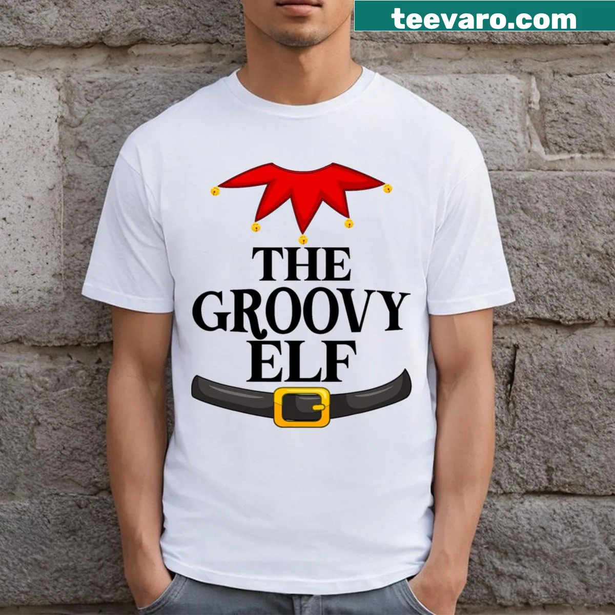 Christmas t-shirt featuring a groovy elf graphic for family matching — on a men's t-shirt