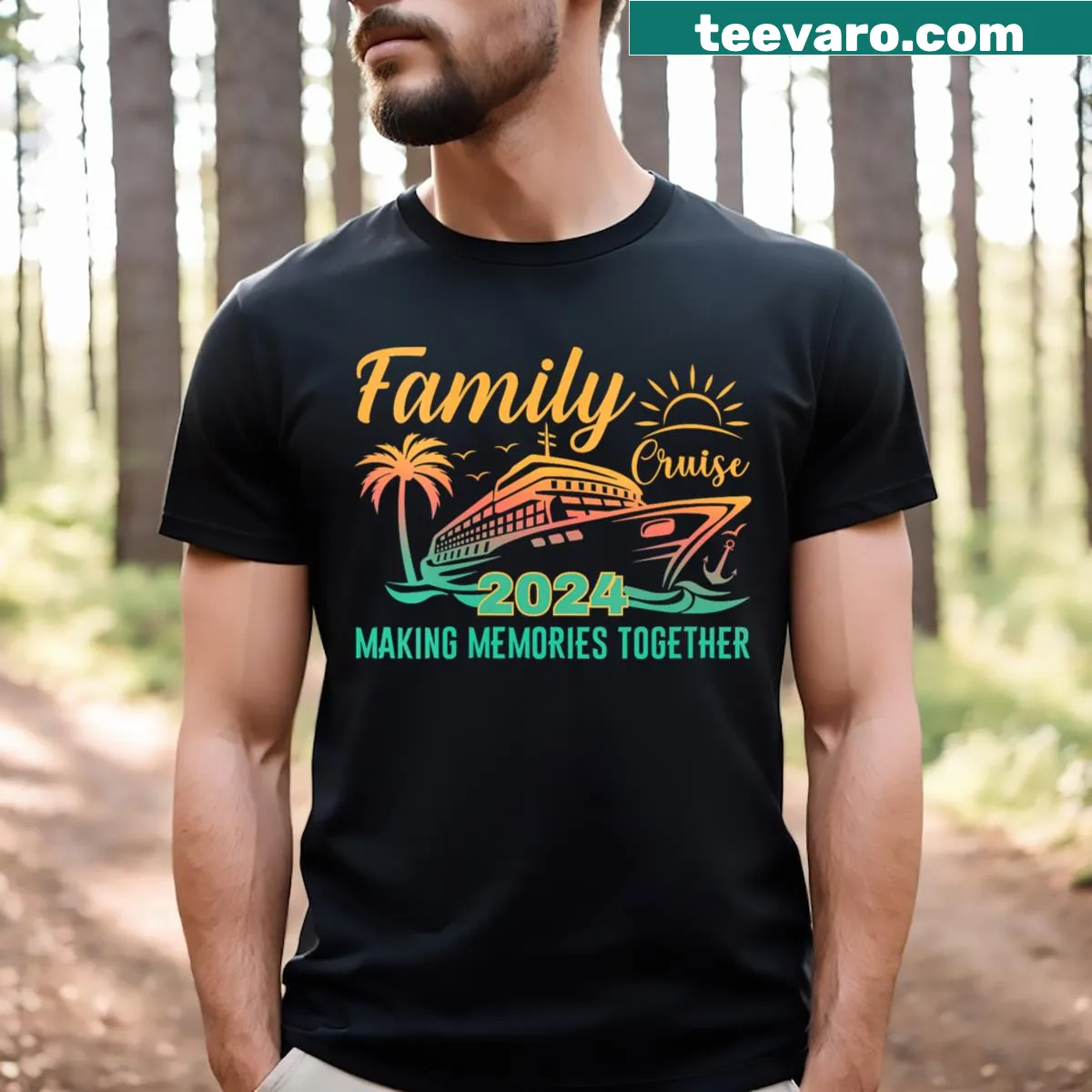 Illustrative family cruise T-shirt featuring a boat and waves — on a men's t-shirt