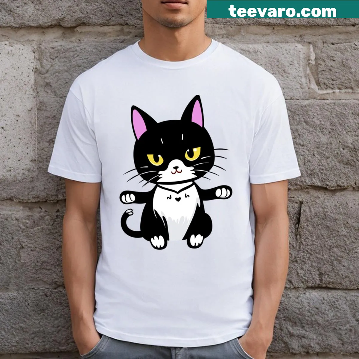 Humorous illustration of a black cat on a T-shirt — on a men's t-shirt
