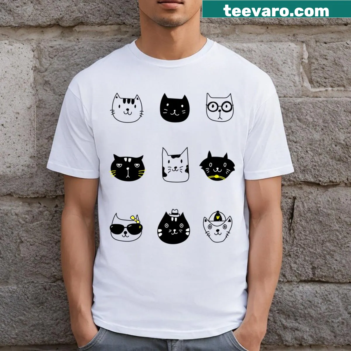 Graphic of various cat faces on a t-shirt — on a men's t-shirt