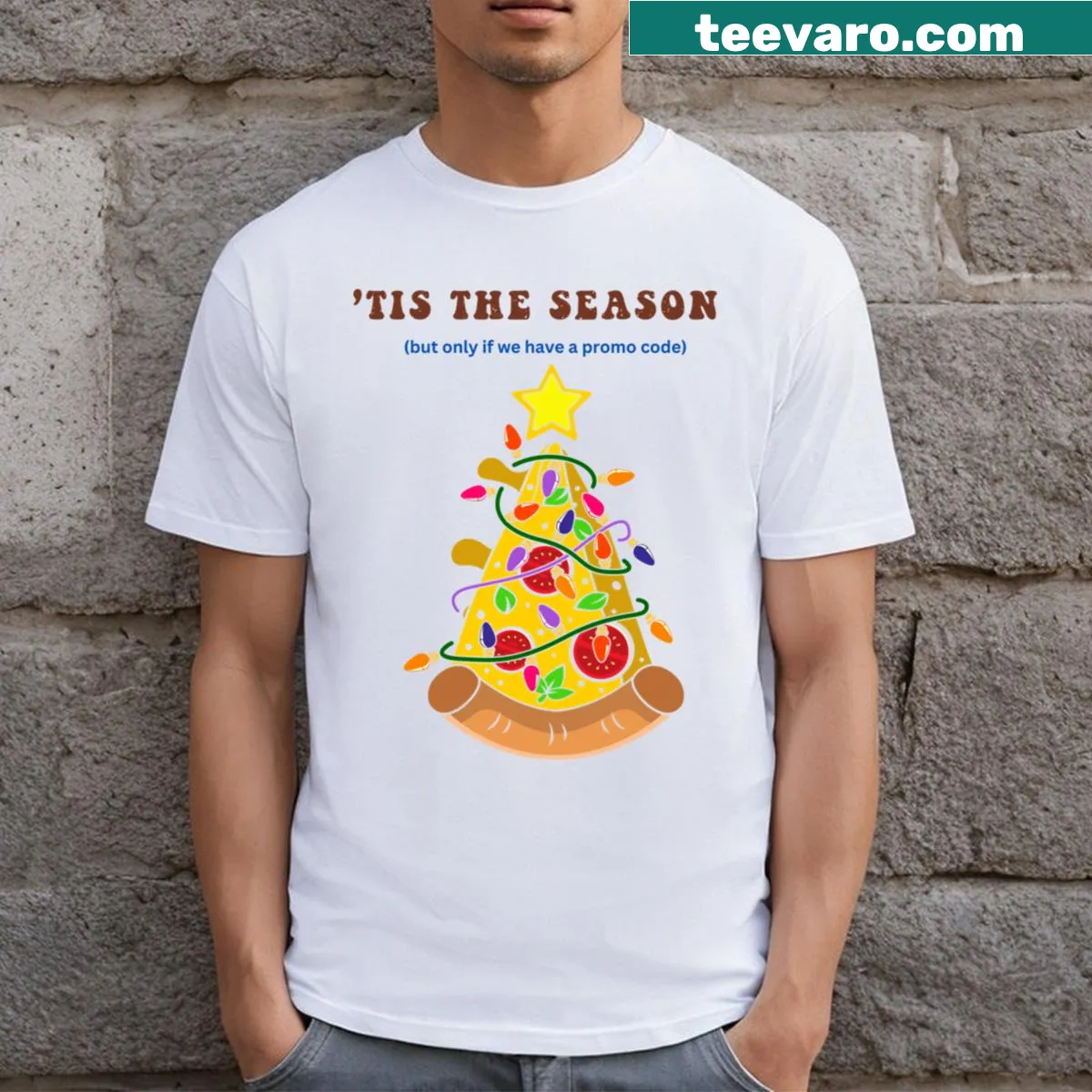 Funny Christmas pizza t-shirt with a cartoon pizza slice. — on a men's t-shirt