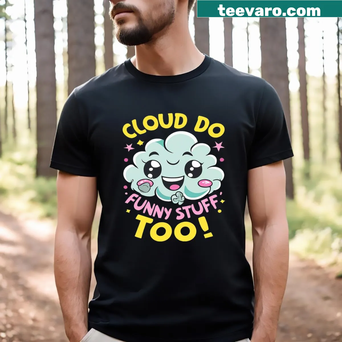 Lighthearted T-shirt featuring humorous cloud graphics and text — on a men's t-shirt