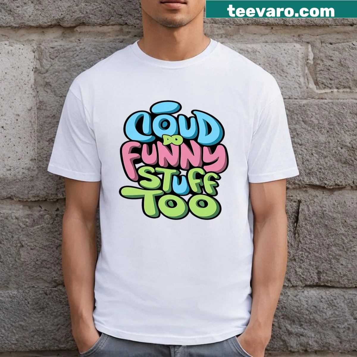 Edgy typography t-shirt with a graffiti-style cloud design. — on a men's t-shirt