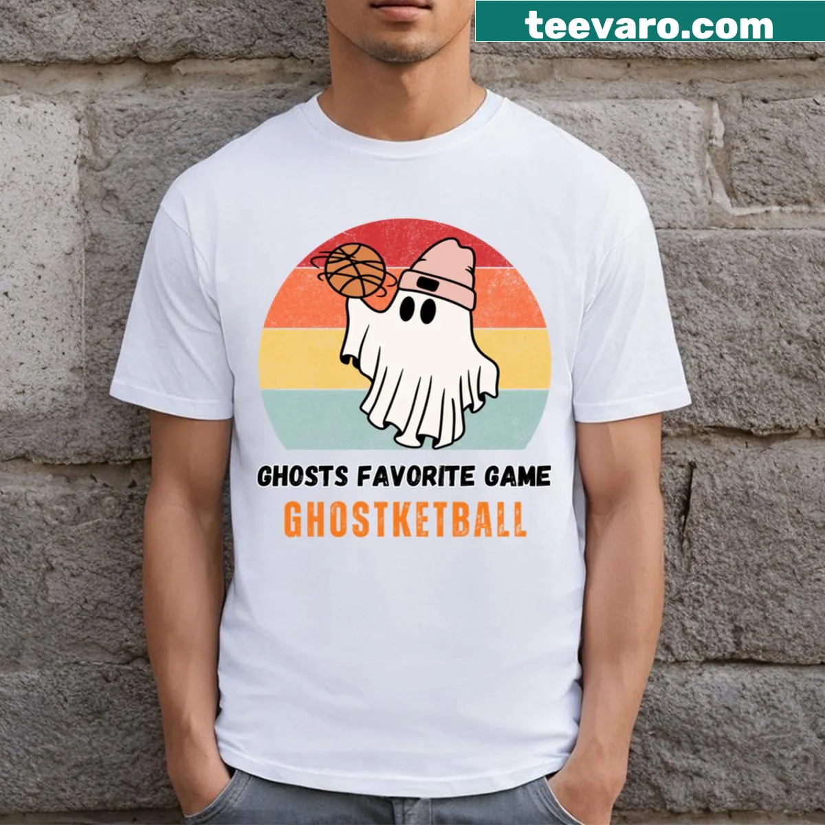 Funny basketball-themed t-shirt featuring a ghost player. — on a men's t-shirt