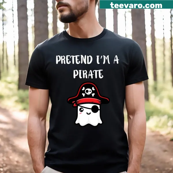 Cartoon ghost in a pirate costume with text for Halloween
