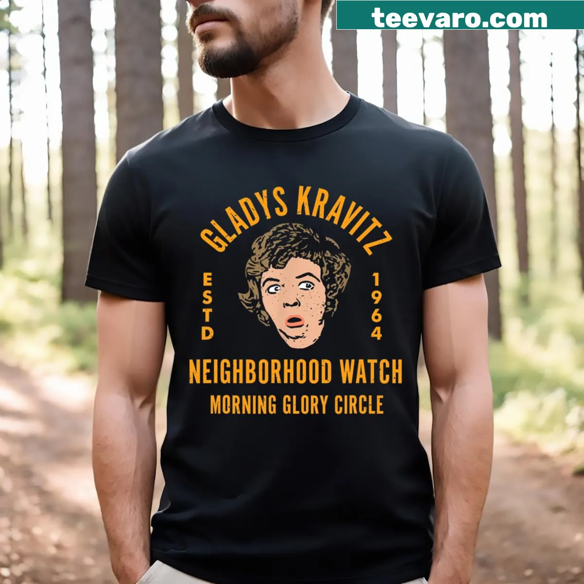 Cartoon graphic of a funny neighborhood watch character on a t-shirt — on a men's t-shirt