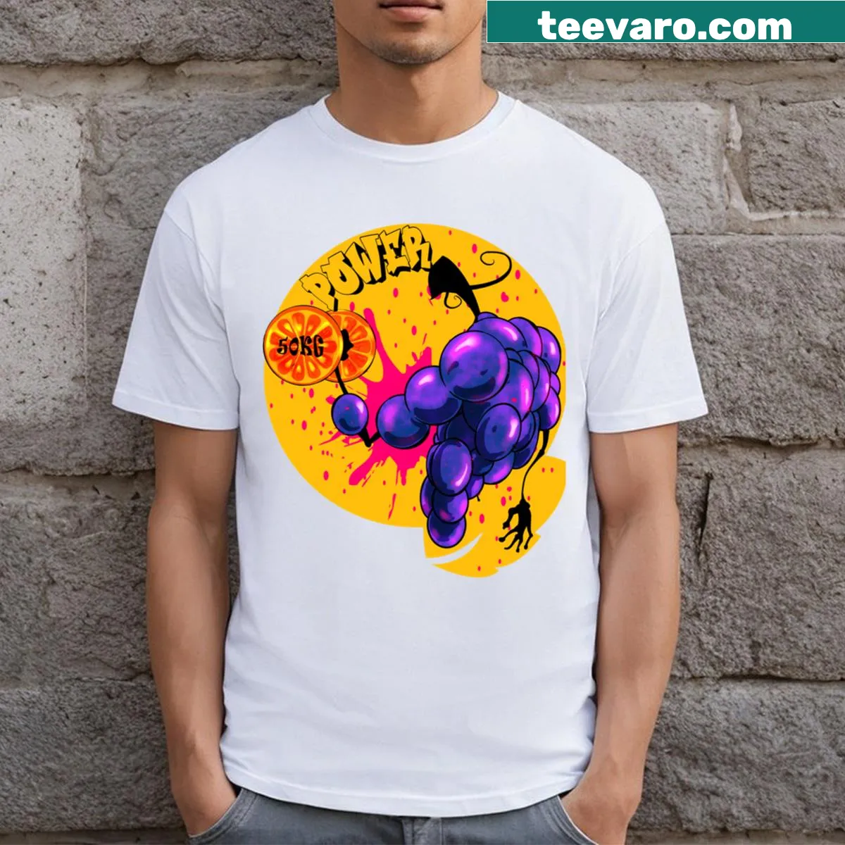 Cartoon of muscular grapes on a fitness-themed t-shirt — on a men's t-shirt