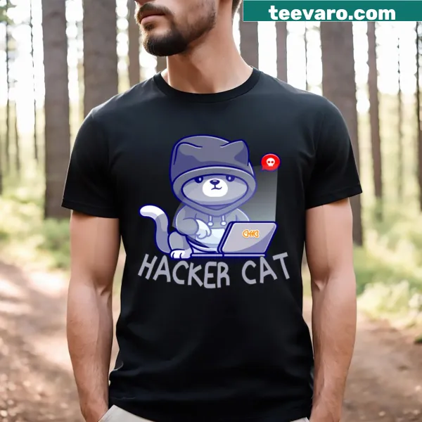 Cute cartoon hacker kitty T-shirt featuring tech and meme graphics