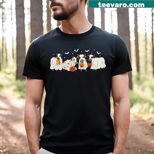 Halloween cow t-shirt with ghostly cartoon cows for trick-or-treating