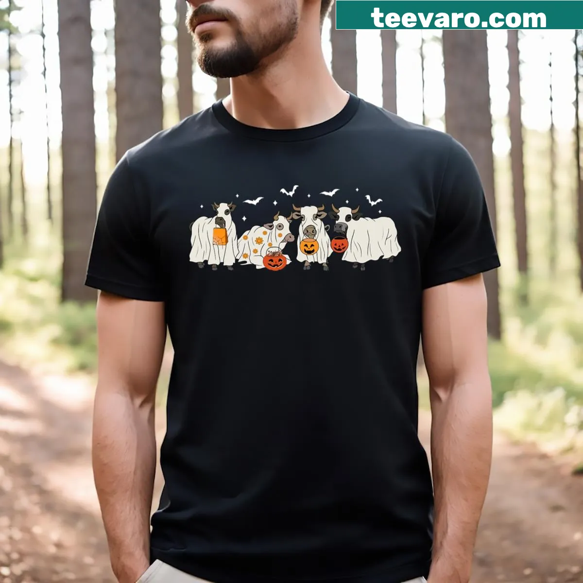 Halloween cow t-shirt with ghostly cartoon cows for trick-or-treating — on a men's t-shirt