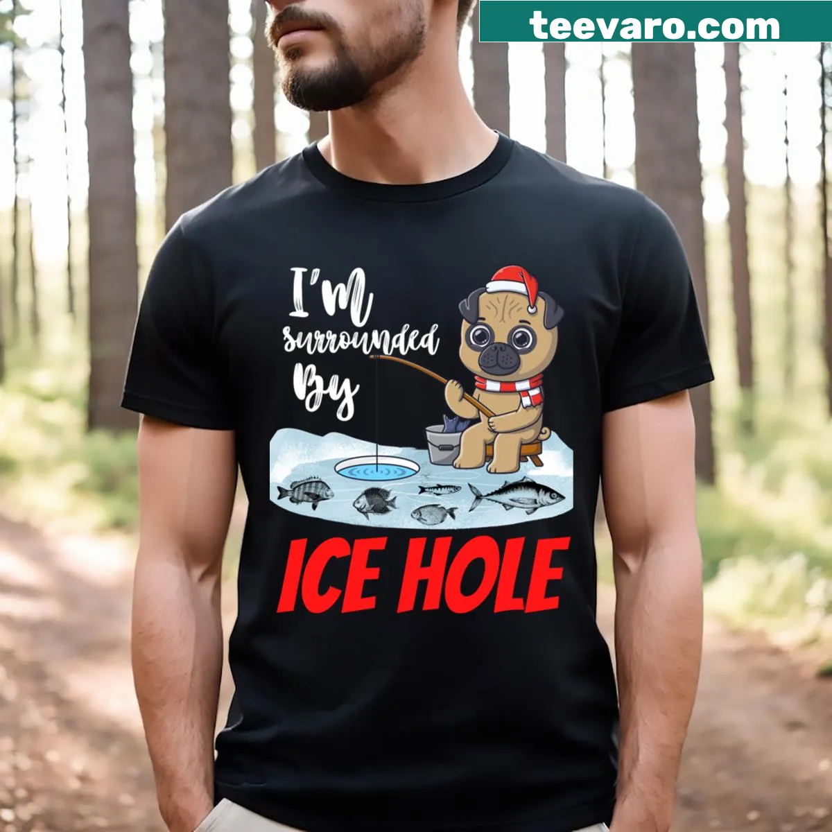 Festive T-shirt with a pug ice fishing, funny holiday design. — on a men's t-shirt