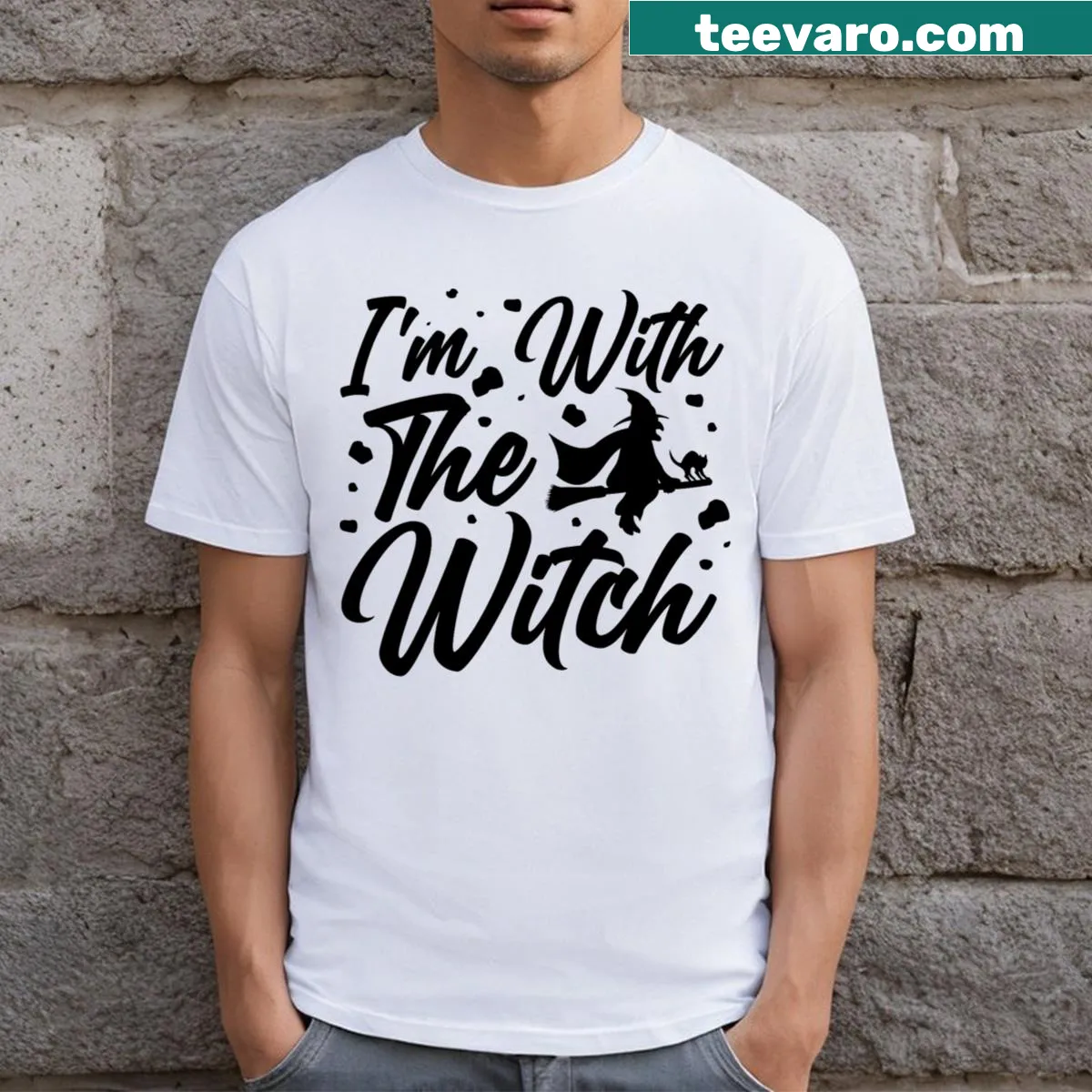 Funny couple Halloween t-shirt stating I'm With The Witch — on a men's t-shirt
