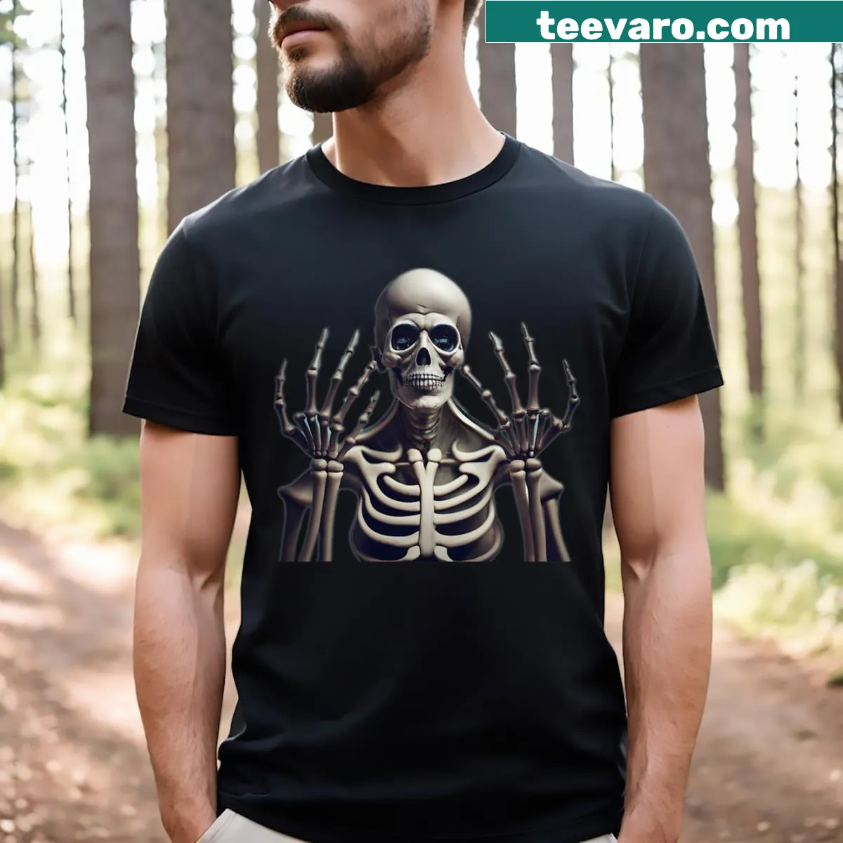 Humorous skeleton silhouette design on a Halloween t-shirt for all ages — on a men's t-shirt