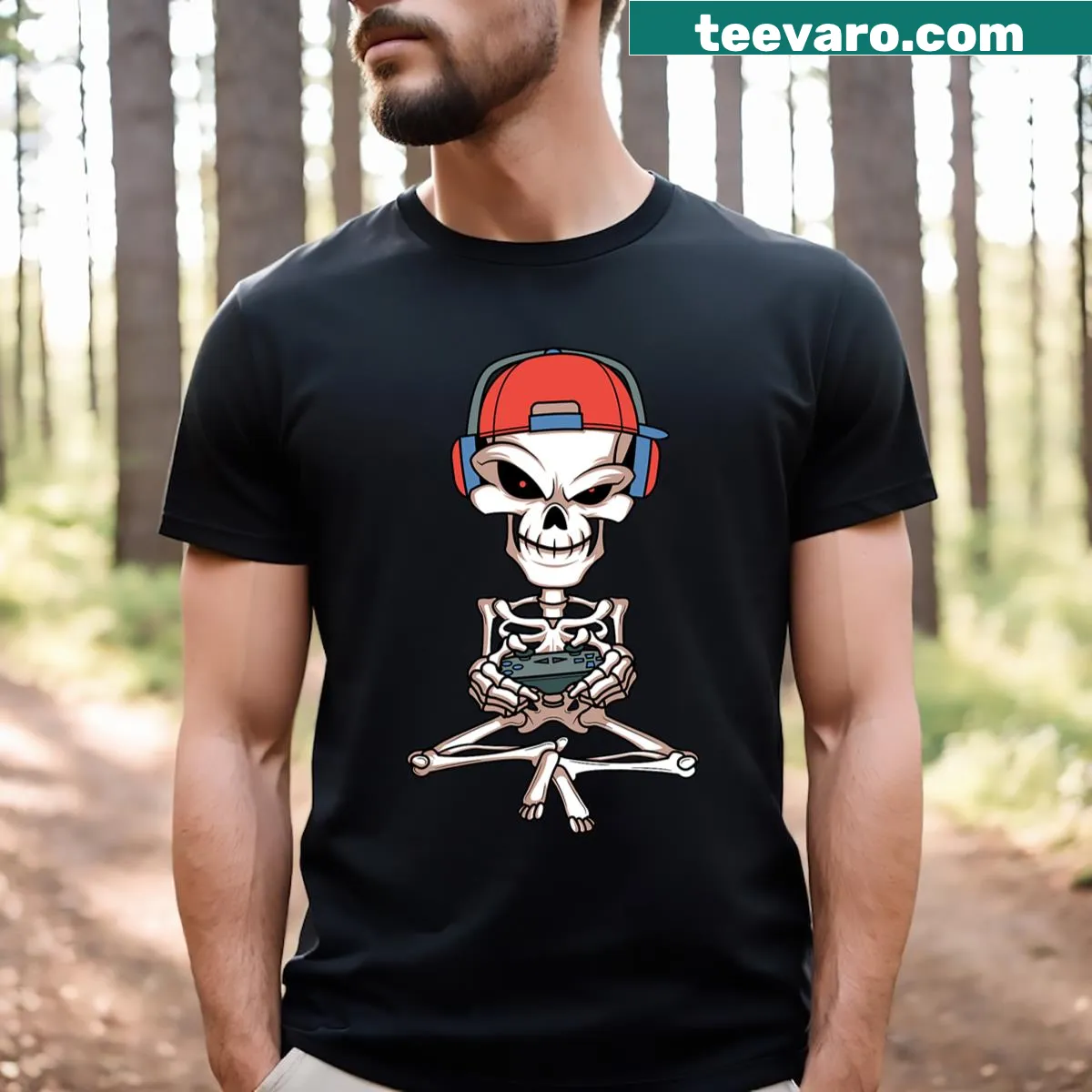 Skeleton skull graphic Halloween t-shirt for gamers — on a men's t-shirt