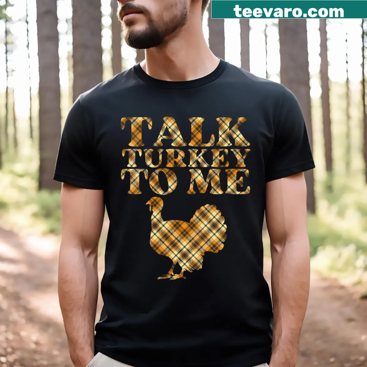 Thanksgiving v-neck t-shirt with 'Talk Turkey To Me' slogan — on a men's t-shirt