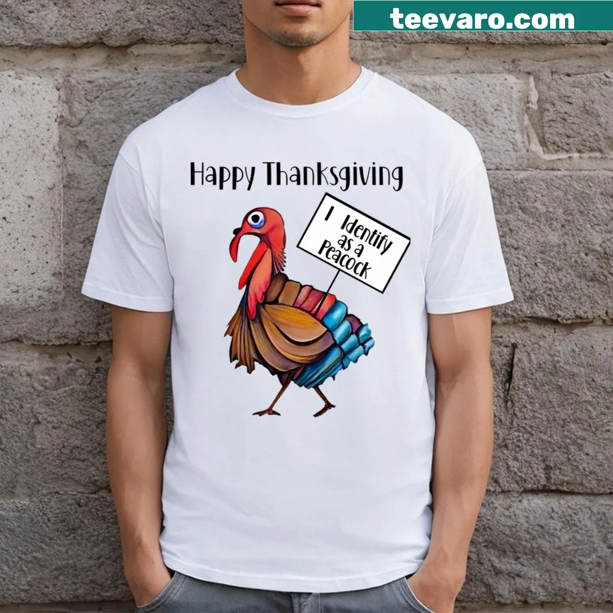 T-shirt featuring a humorous turkey and peacock graphic for Thanksgiving — on a men's t-shirt