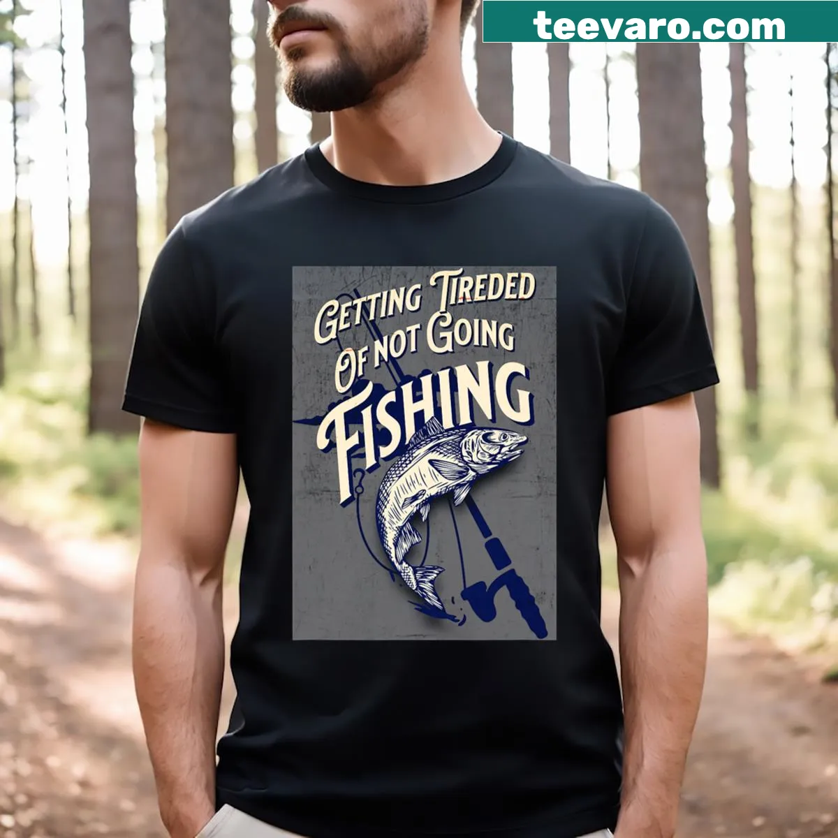Illustrated fishing-themed t-shirt expressing frustration of not fishing — on a men's t-shirt