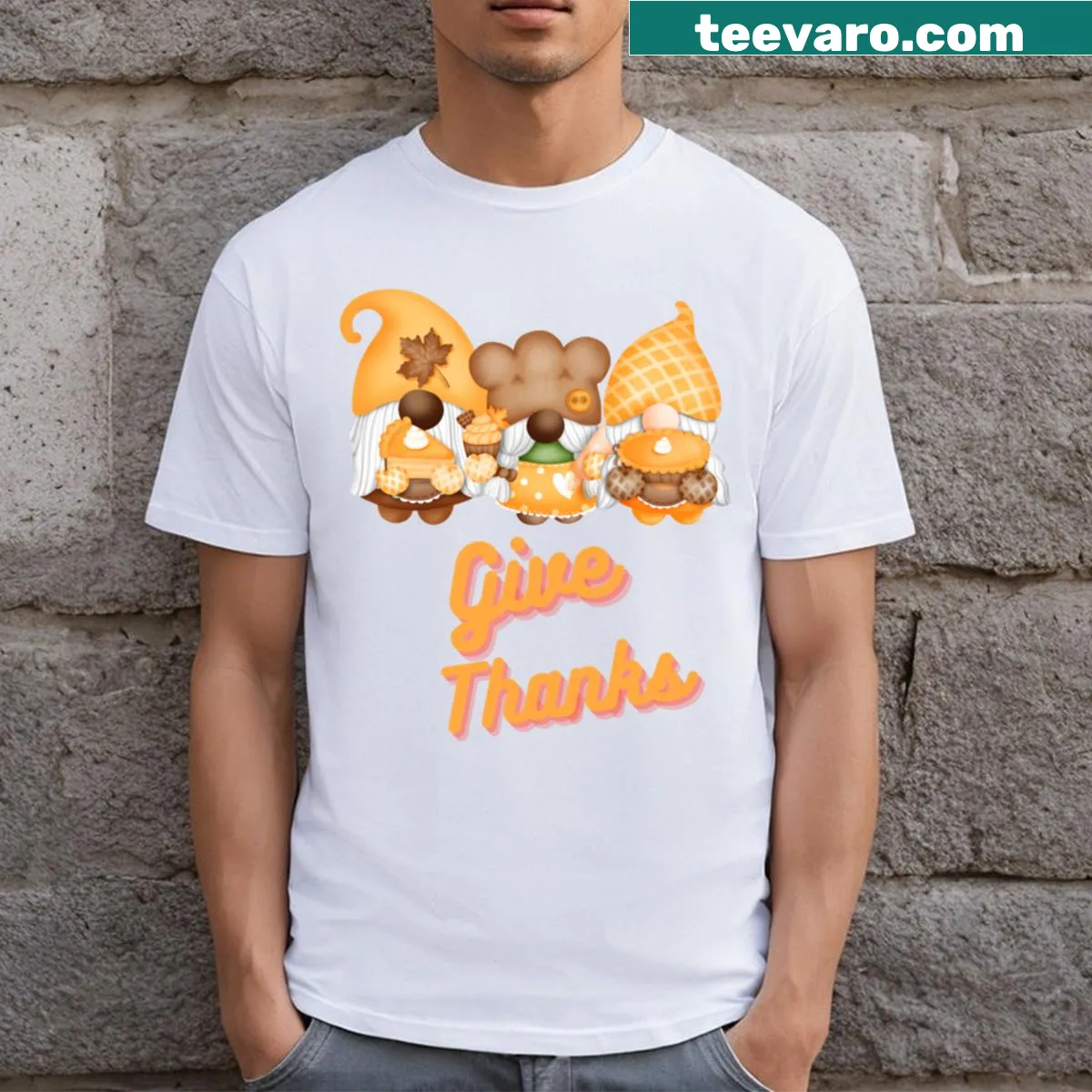 Whimsical illustration of a gnome with symbols of gratitude — on a men's t-shirt