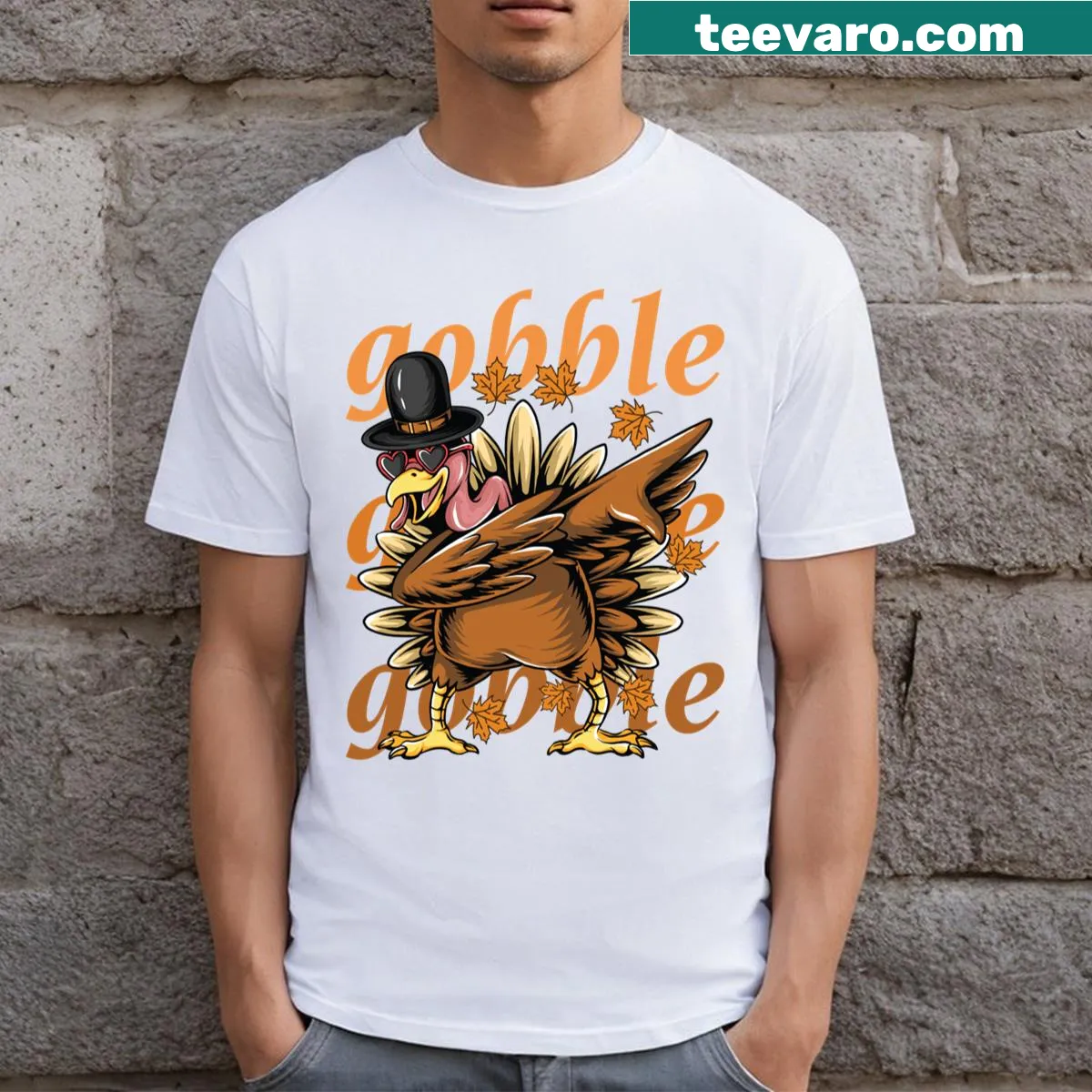 Whimsical turkey illustration with gobble text on a T-shirt — on a men's t-shirt