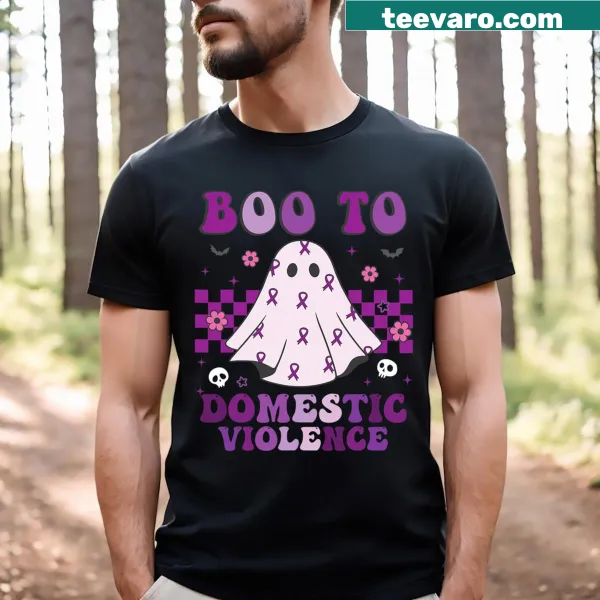 Kids Halloween T-shirt with 'Boo' graphic promoting domestic violence awareness