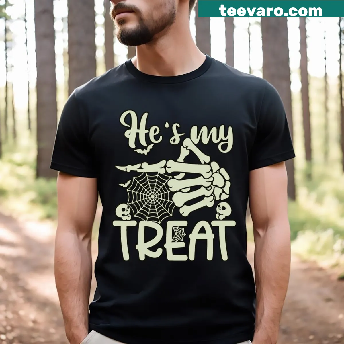 Funny skeleton hand graphic for couples on Halloween T-shirt — on a men's t-shirt