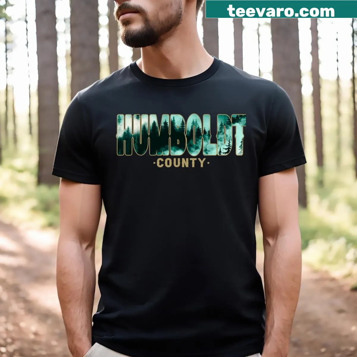 Illustration of a foggy forest scene on a t-shirt — on a men's t-shirt