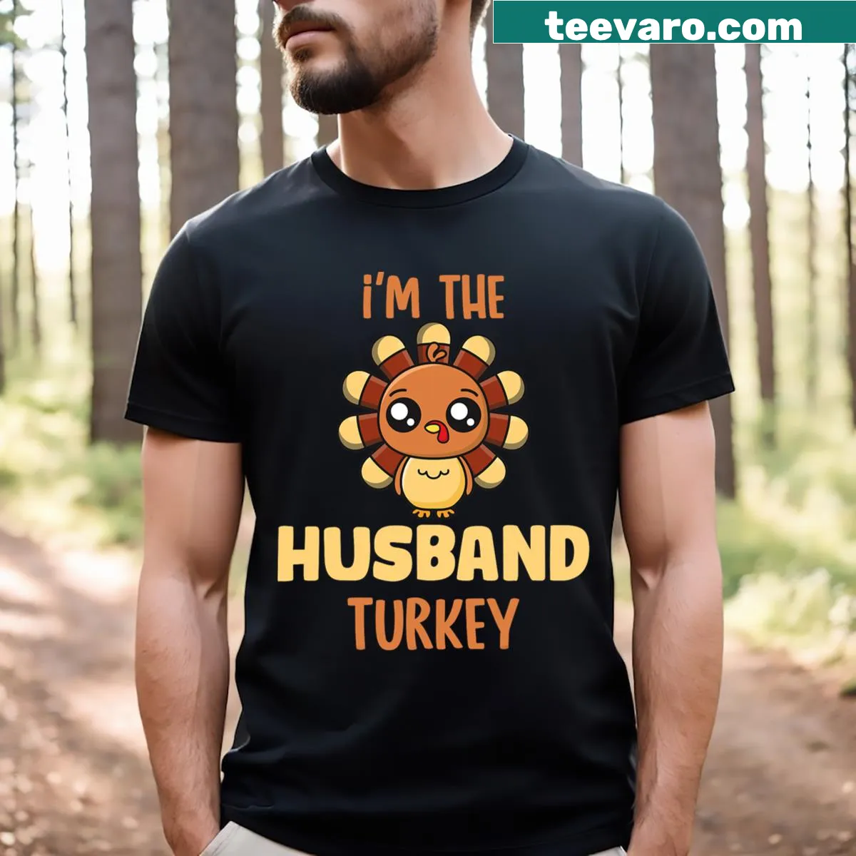 T-shirt with a festive turkey graphic for Thanksgiving — on a men's t-shirt