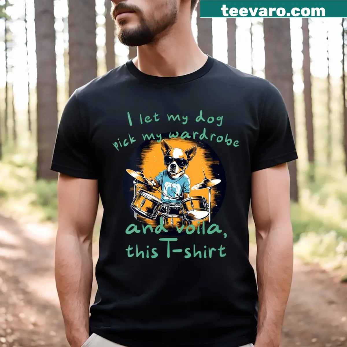 Playful text T-shirt with the saying about letting your dog choose your clothes — on a men's t-shirt