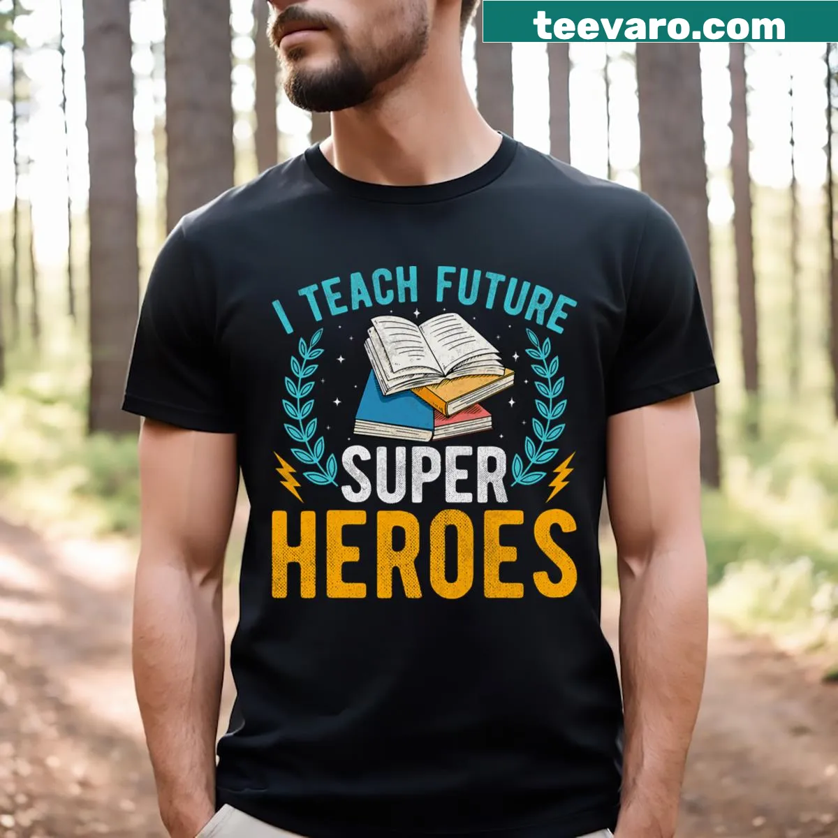 Funny T-shirt for teachers with the phrase about teaching superheroes — on a men's t-shirt