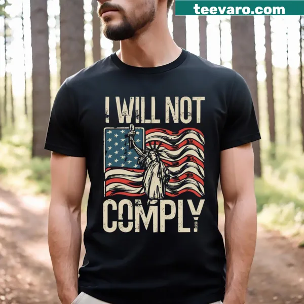 T-shirt featuring an upside-down USA flag and bold text