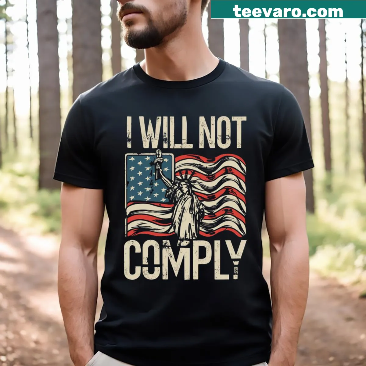 T-shirt featuring an upside-down USA flag and bold text — on a men's t-shirt