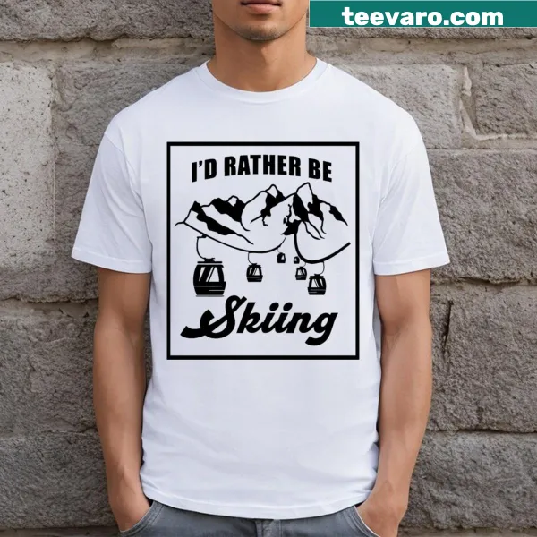Black t-shirt with 'I'd Rather Be Skiing' and mountain graphics