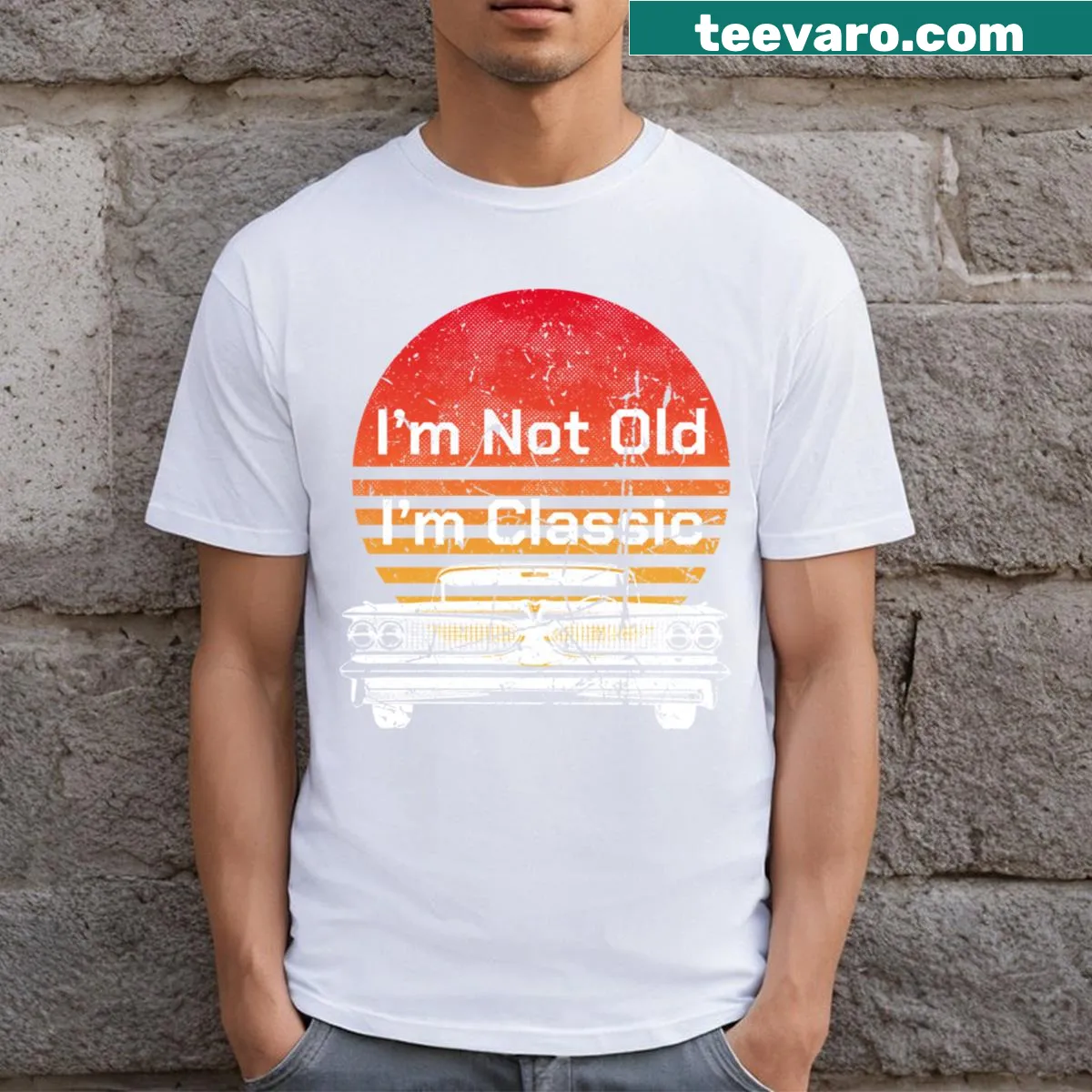 Funny T-shirt with a car graphic and humorous text about age — on a men's t-shirt