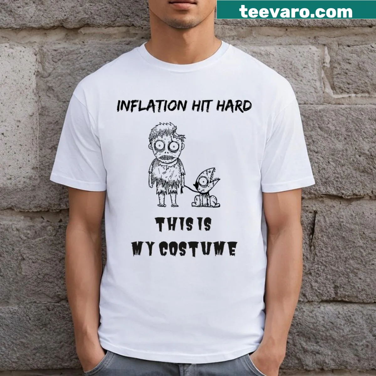 Humorous T-shirt for Halloween 2023 about inflation — on a men's t-shirt