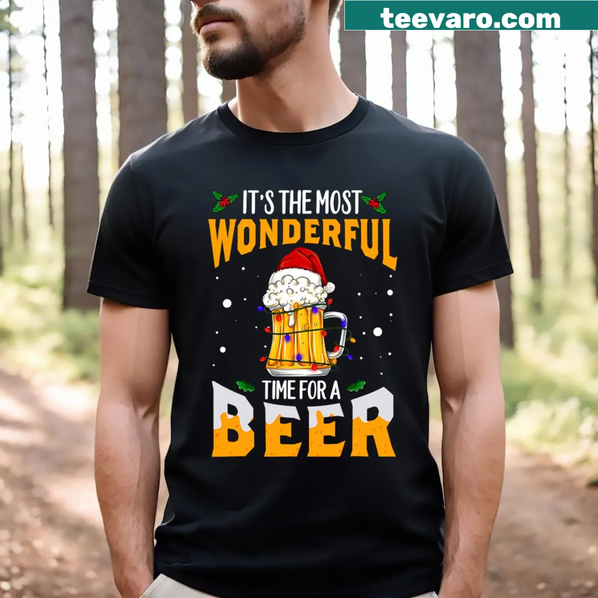 Festive beer-themed Christmas T-shirt for men — on a men's t-shirt