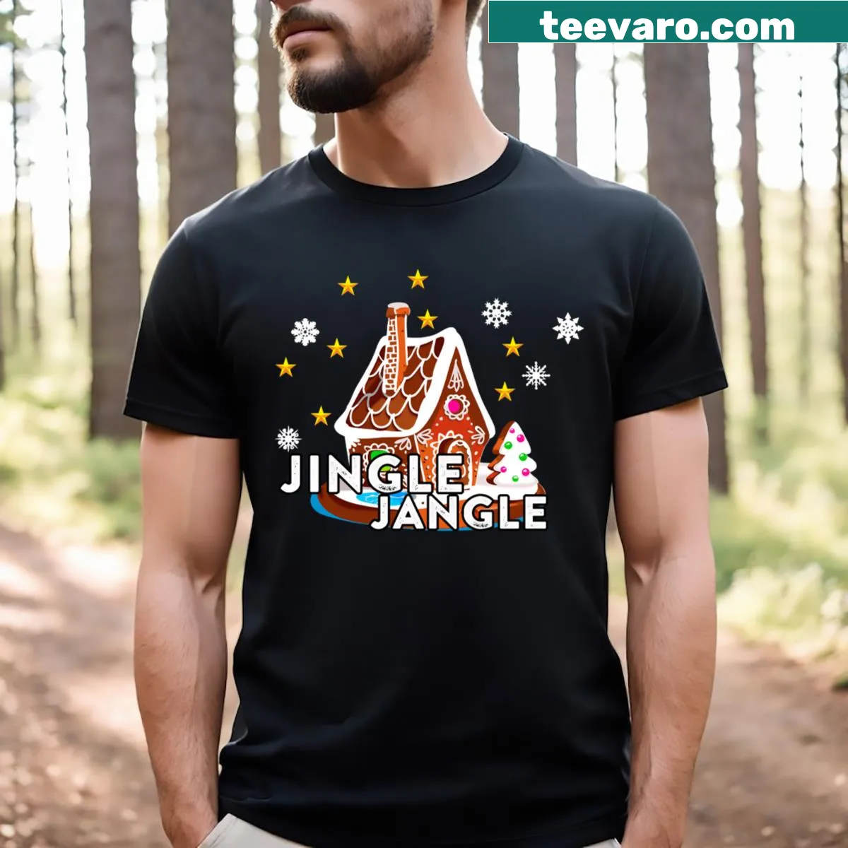 Playful Christmas t-shirt with funny gingerbread house design — on a men's t-shirt
