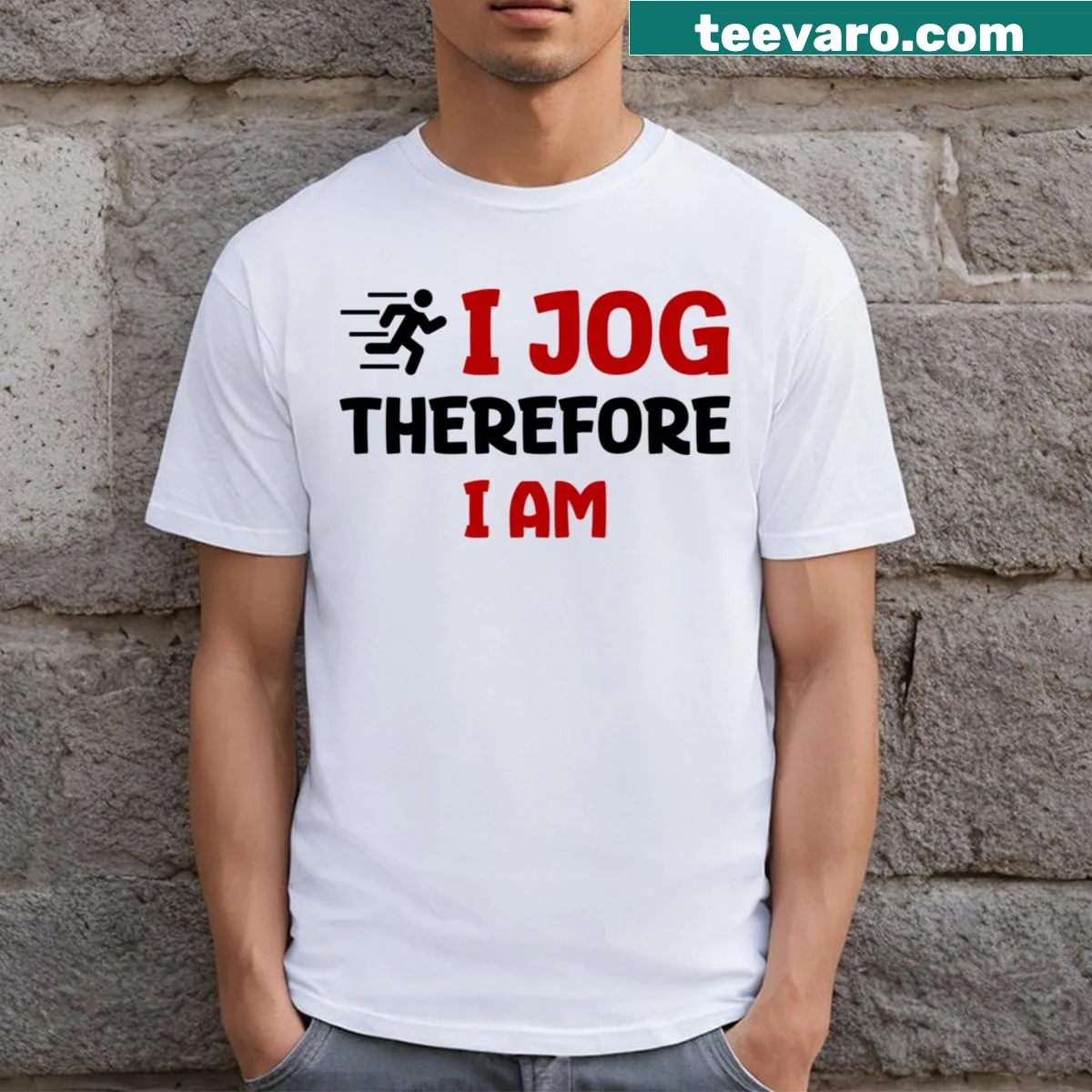 Funny jogging quote T-shirt with the phrase 'I Jog Therefore I Am' — on a men's t-shirt