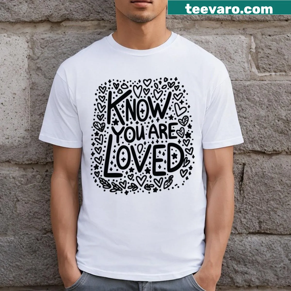 T-shirt featuring 'You Are Loved' with heart graphics — on a men's t-shirt