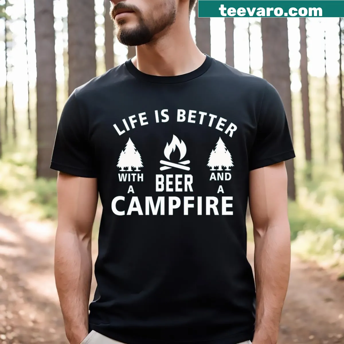 T-shirt featuring typography about enjoying beer and campfires. — on a men's t-shirt