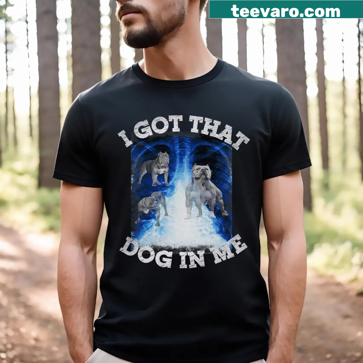 X-ray style gym t-shirt with a funny dog graphic and text — on a men's t-shirt