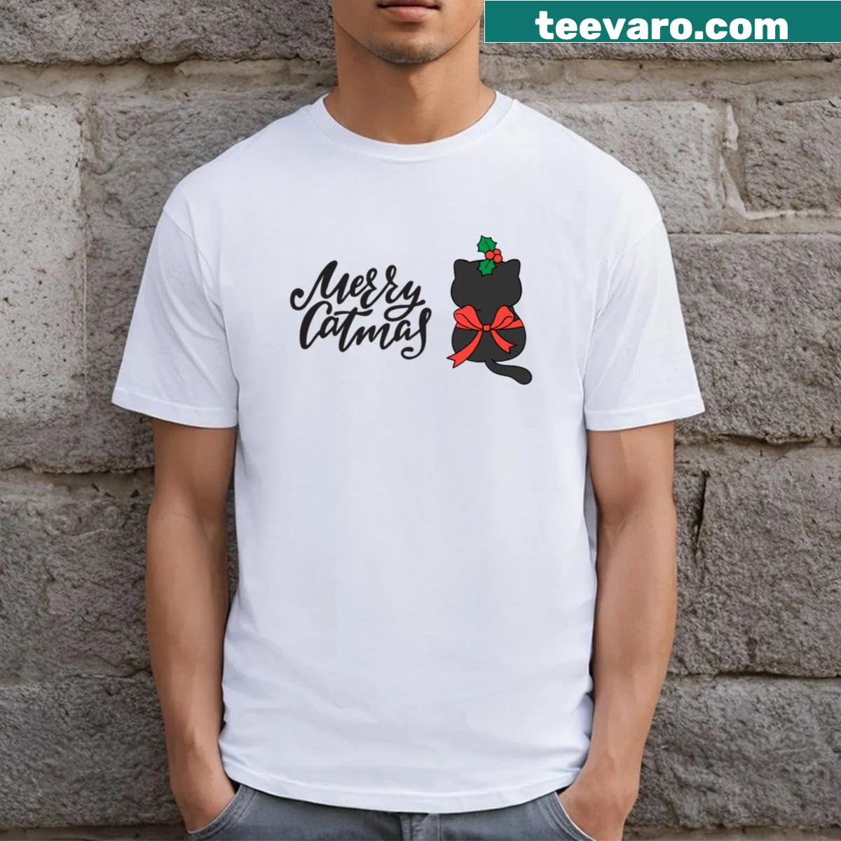 Cute Christmas t-shirt featuring a black cat and Merry Catmas text — on a men's t-shirt