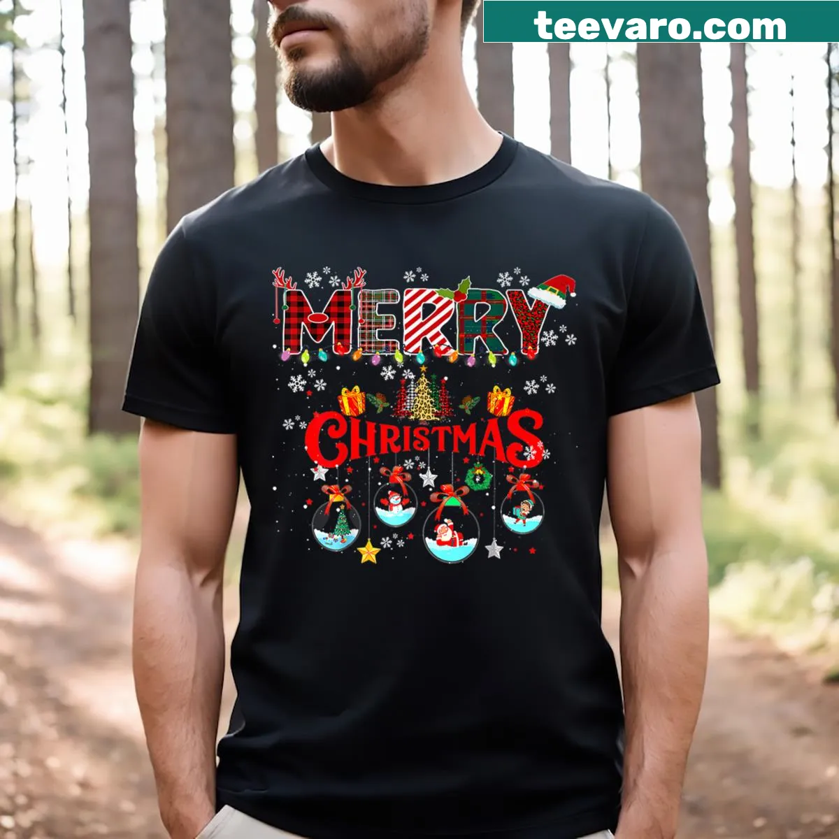 Illustrative Santa T-shirt with leopard and buffalo plaid design — on a men's t-shirt