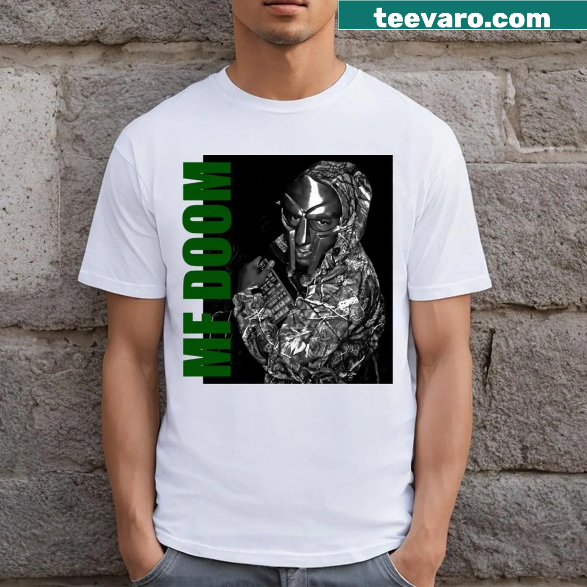Retro aesthetic Mf Doom fan art tee inspired by the 90s — on a men's t-shirt