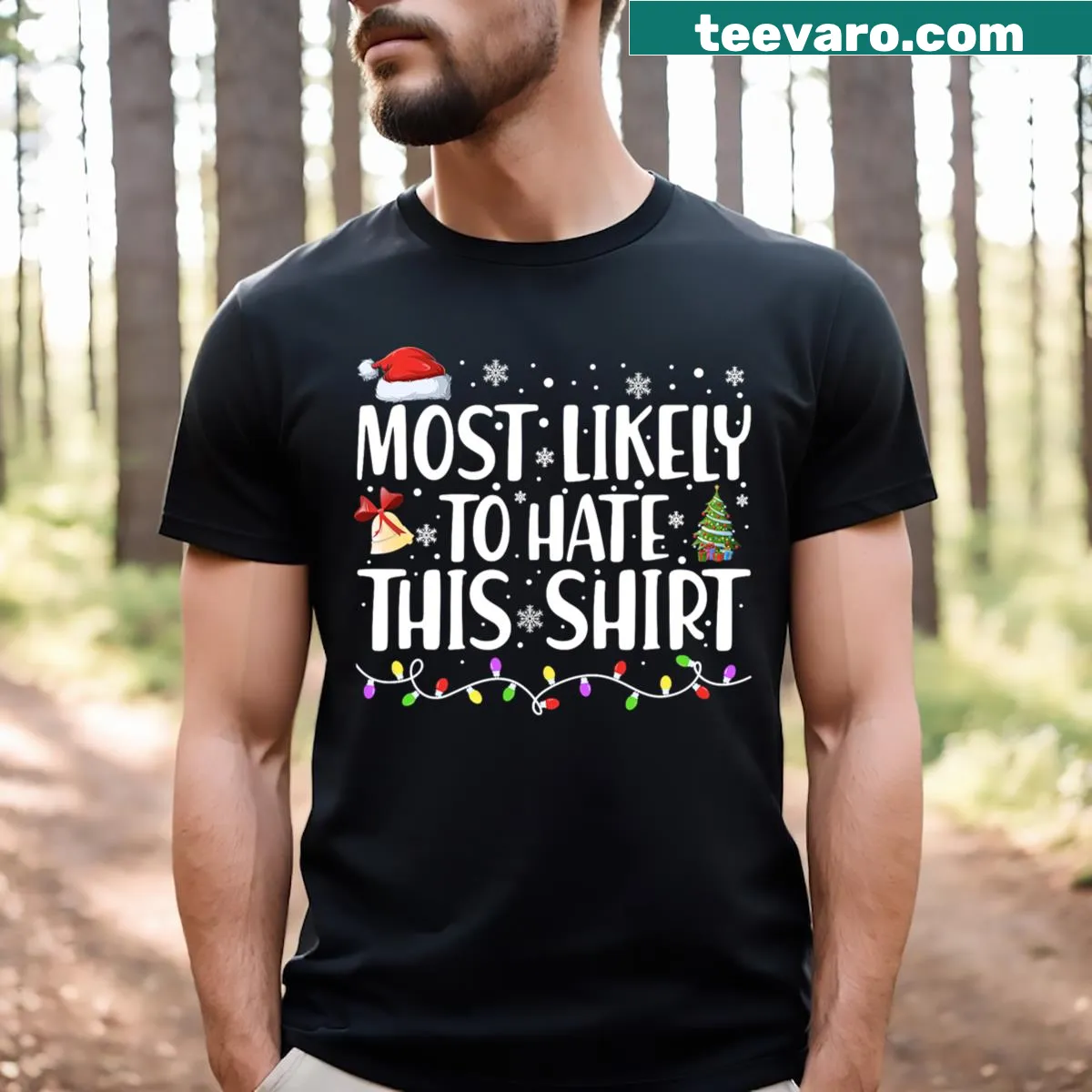 Funny Christmas t-shirt with the text 'Most Likely To Hate This Xmas Pajamas' — on a men's t-shirt