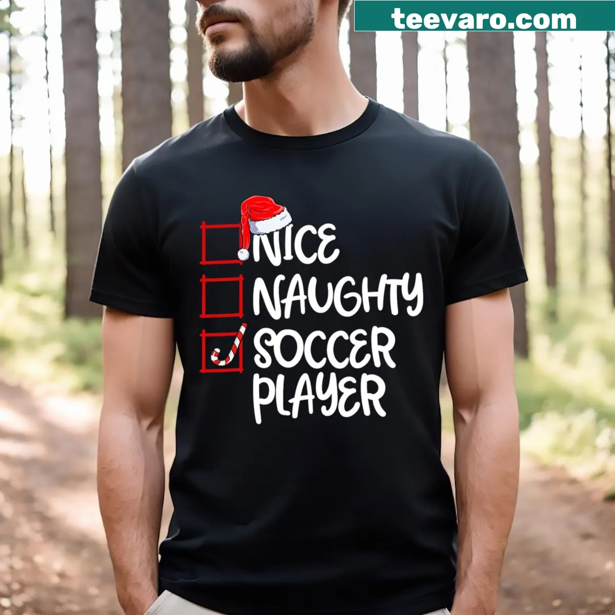 Funny Christmas t-shirt for soccer players with the text 'Nice Naughty Soccer Player' — on a men's t-shirt