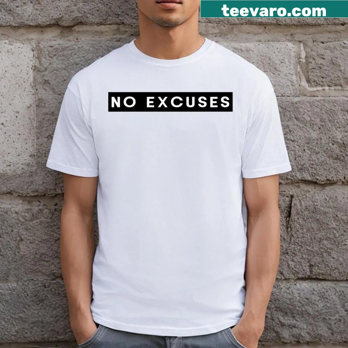 Funny gym quote T-shirt with 'No Excuses' message — on a men's t-shirt