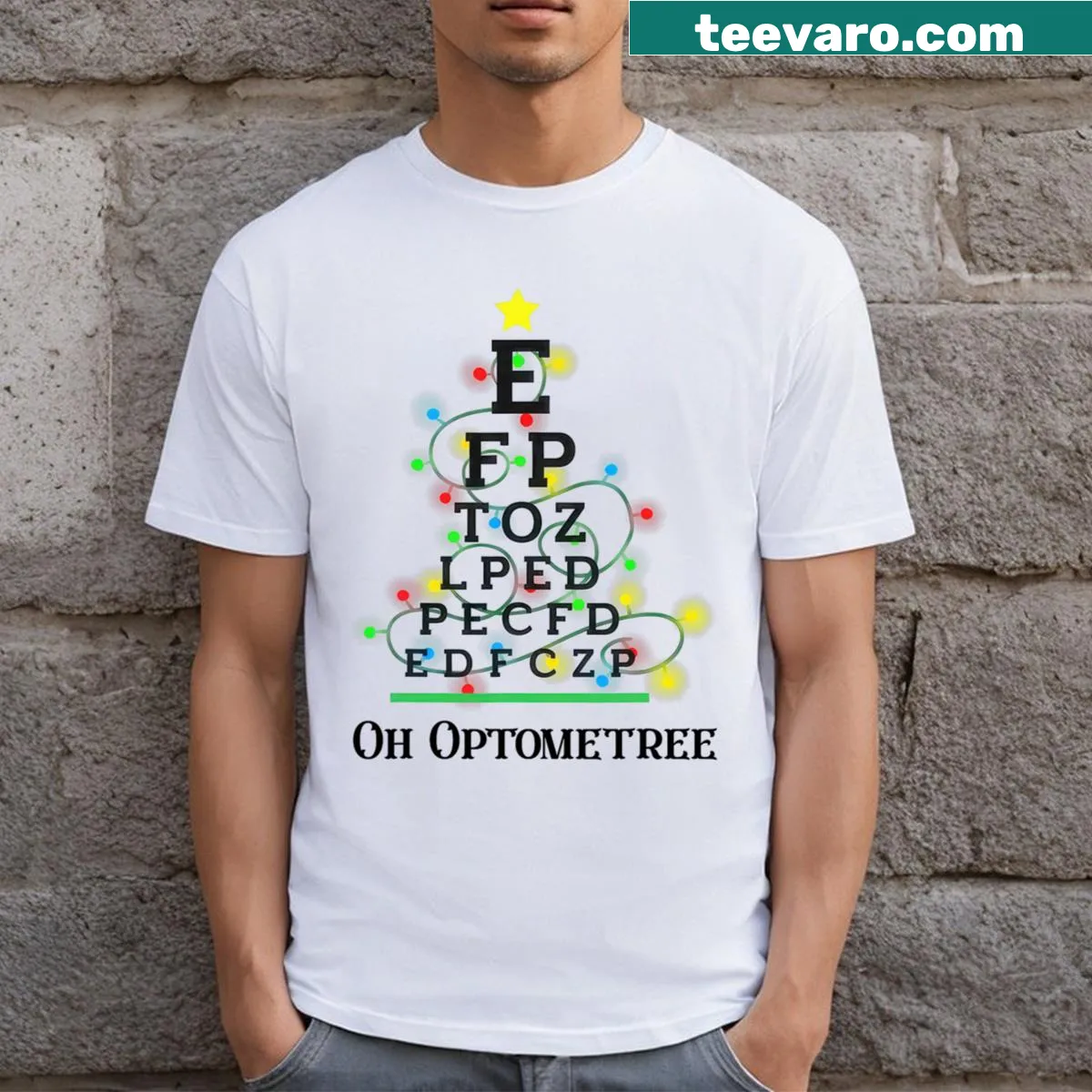 Fun Christmas t-shirt with optometrist-themed Christmas tree graphic — on a men's t-shirt