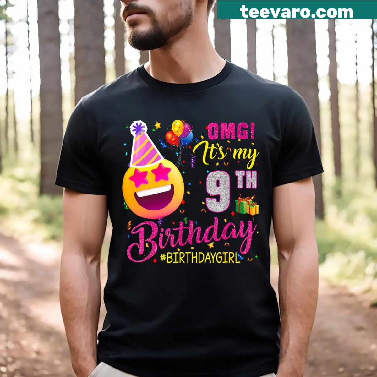 Birthday t-shirt for a girl turning 9 with fun graphics — on a men's t-shirt