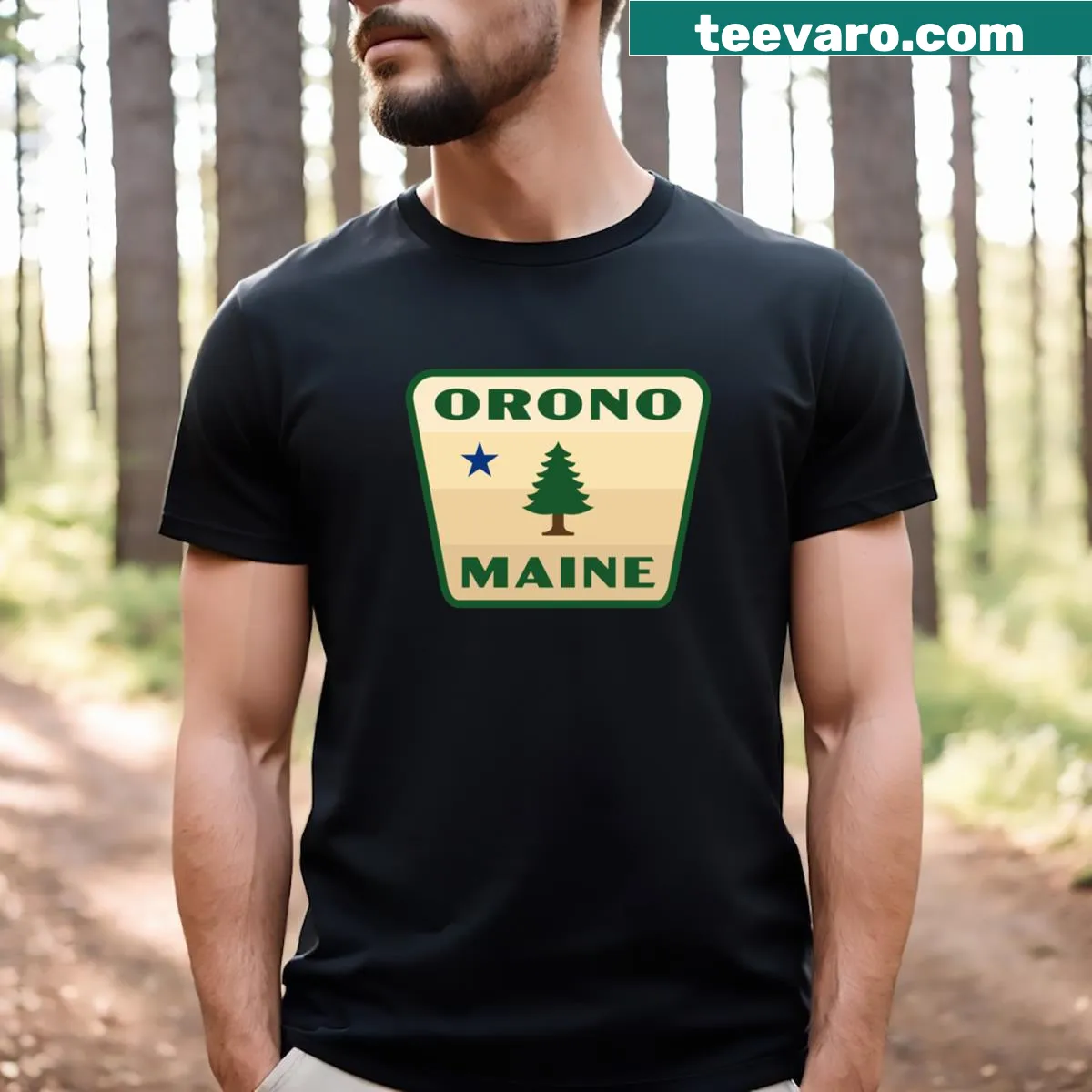 Tan retro badge t-shirt with a pine tree graphic representing Maine — on a men's t-shirt